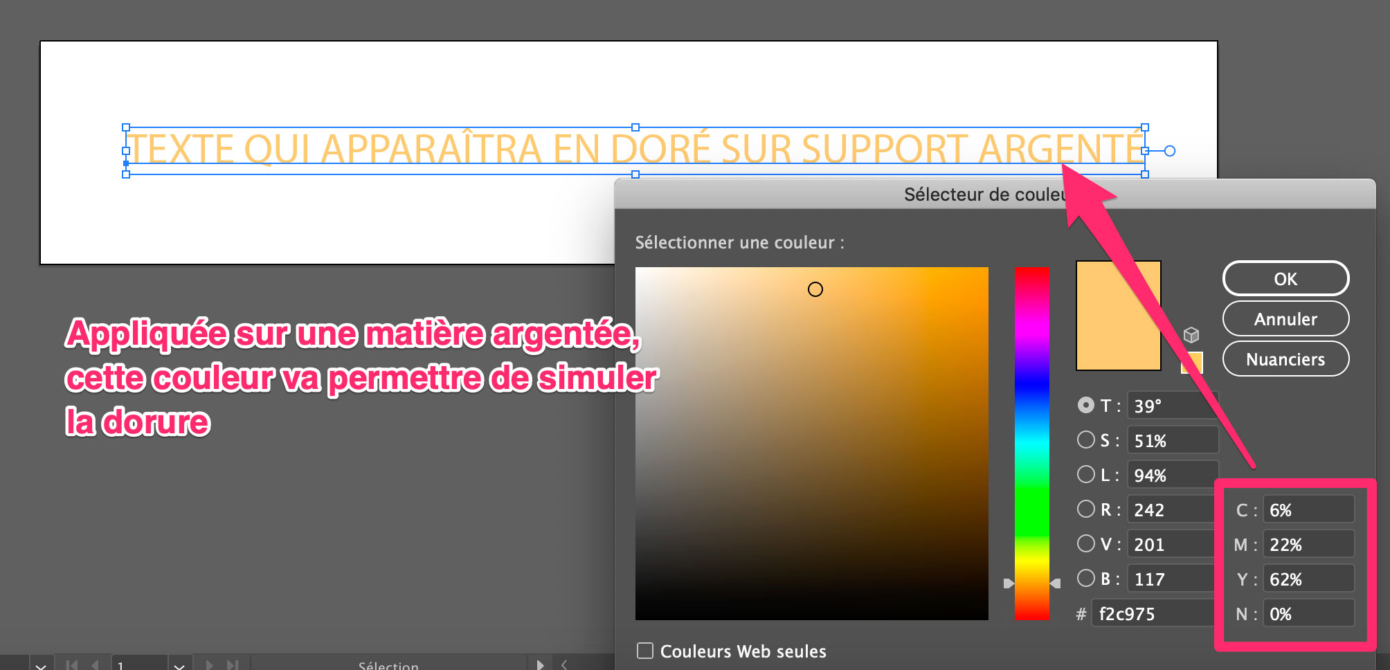Code couleur dorure dans Illustrator